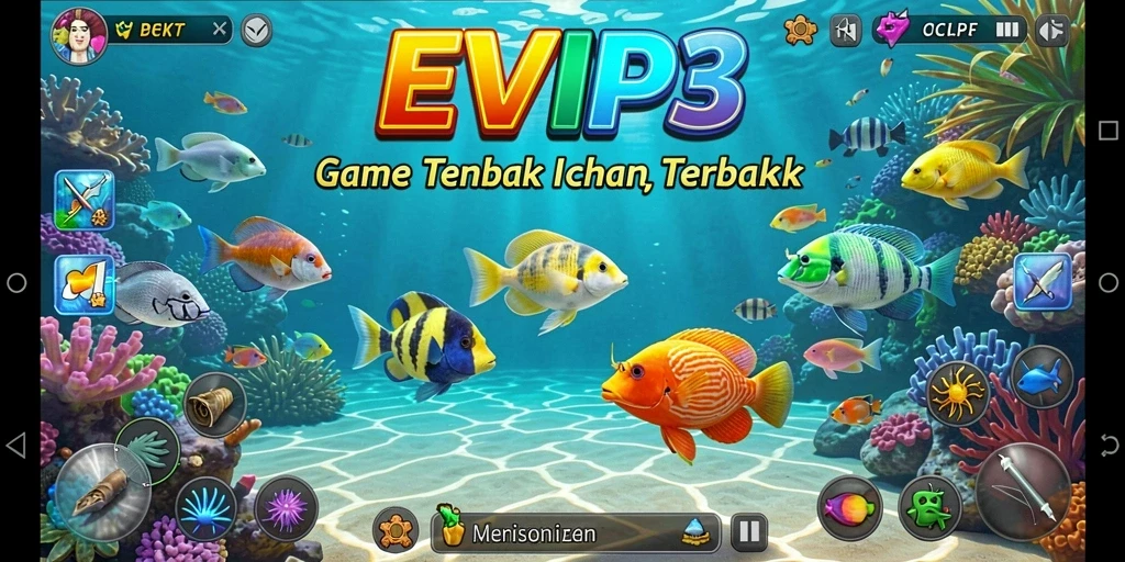 Screenshot gameplay menunjukkan aksi menembak ikan yang seru.