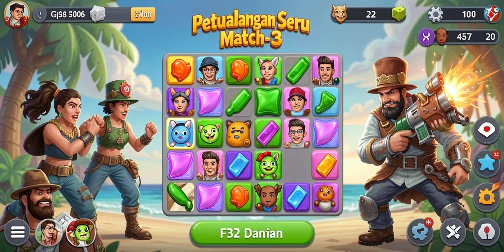 Screenshot gameplay F32 yang menampilkan suasana seru dalam permainan Match-3.