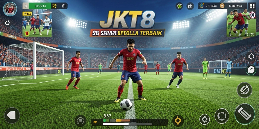 Tangkapan layar JKT8 menampilkan aksi pertandingan sepak bola yang seru.