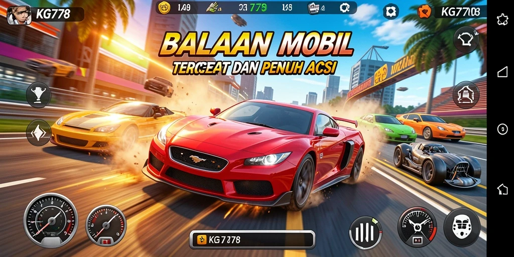 Screenshot KG778 menampilkan intensitas balapan mobil yang mendebarkan.