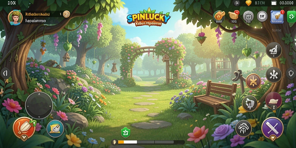 Screenshot gameplay SPINLUCKY menampilkan kebun virtual yang indah dan subur.